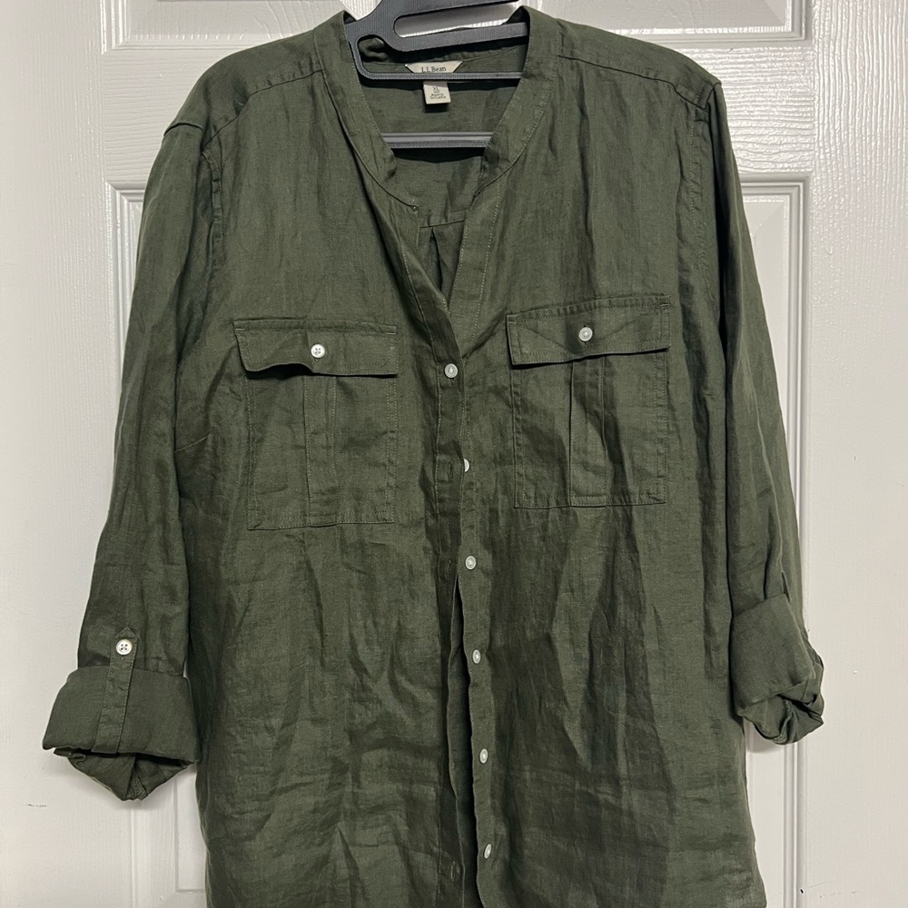 L.L. Bean Olive Green Linen Button-Down Shirt XL